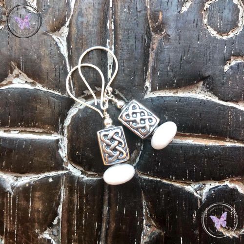 Silver Celtic White Agate Earrings